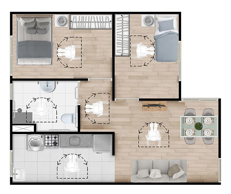 Planta baixa do apartamento de 2 quartos, adaptada para acessibilidade (PNE)