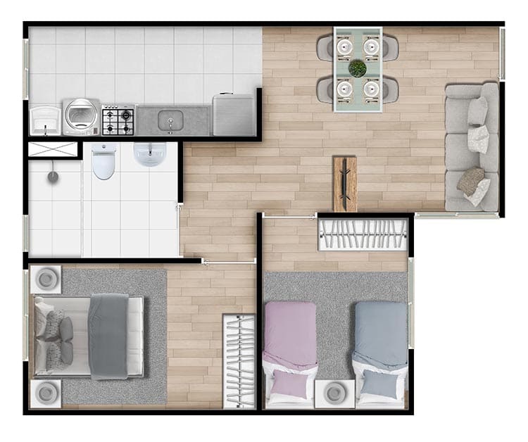 Planta baixa do apartamento de 2 quartos, versão padrão